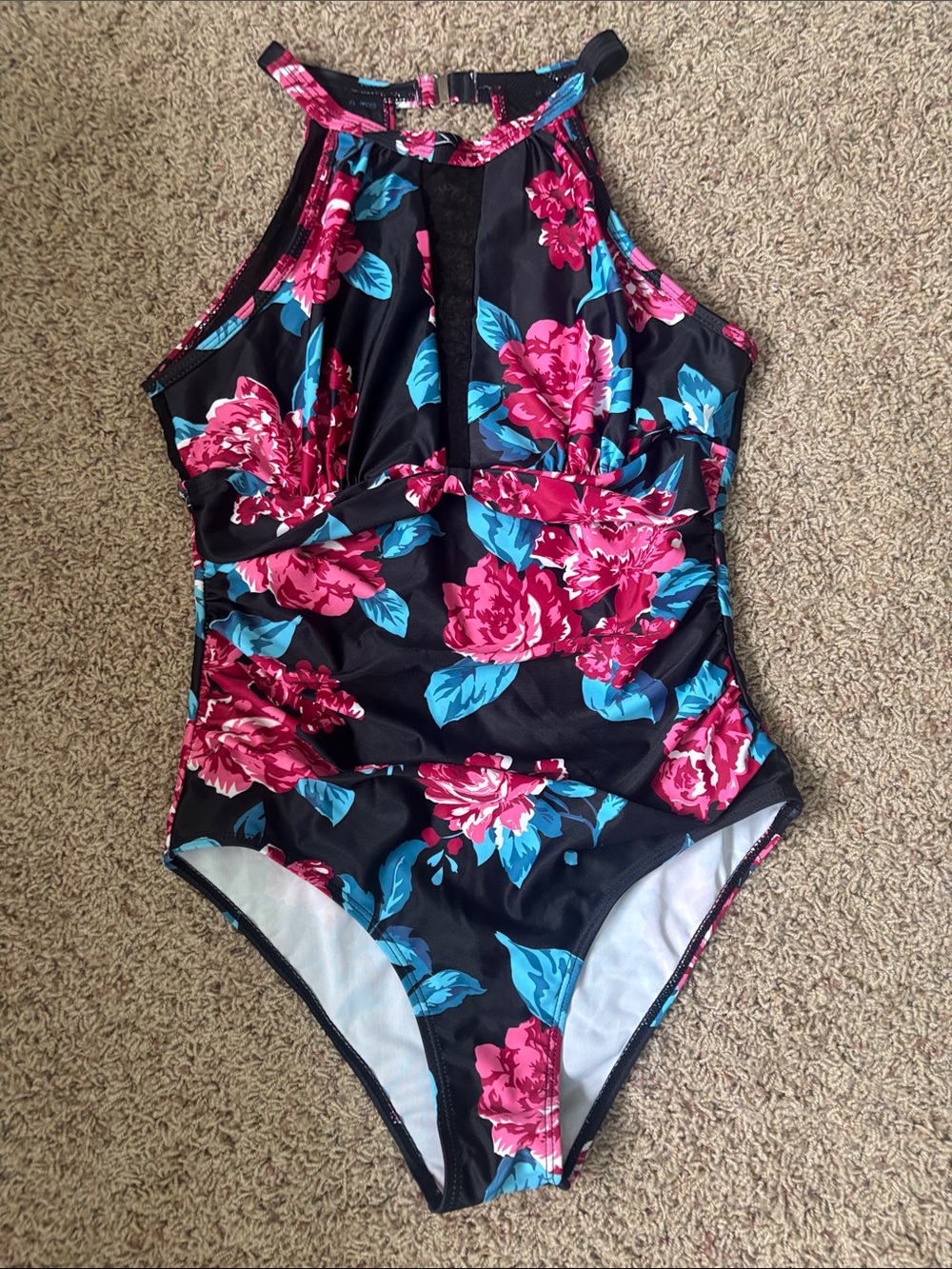 Worn Once Black Floral High-Neck One-Piece Swimsuit